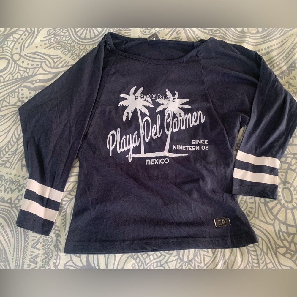 MUST GO: Navy Kids Shirt with White Palm tree Mexico Print
